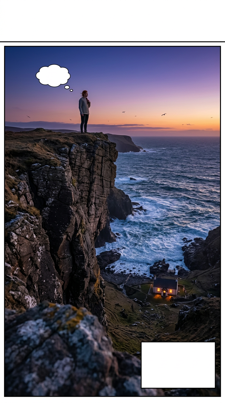 Twilight. Màiri stands alone on cliff edge above her cottage. The Atlantic Ocean crashes below in dramatic waves. Her small cottage is visible far below, lights beginning to glow. The sky transitions from blue to purple to orange. She is silhouetted against the vast seascape.