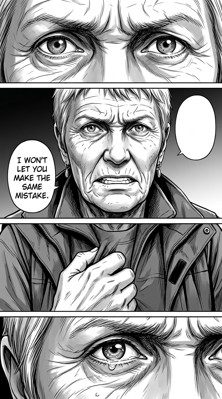 Aunt Catriona's severe face fills the frame. Her steel-grey hair and deep-set blue eyes are set in grim determination. Her weathered face shows fear beneath the harshness. Her mouth is tight. She stands in Màiri's kitchen with squared shoulders ready for confrontation.